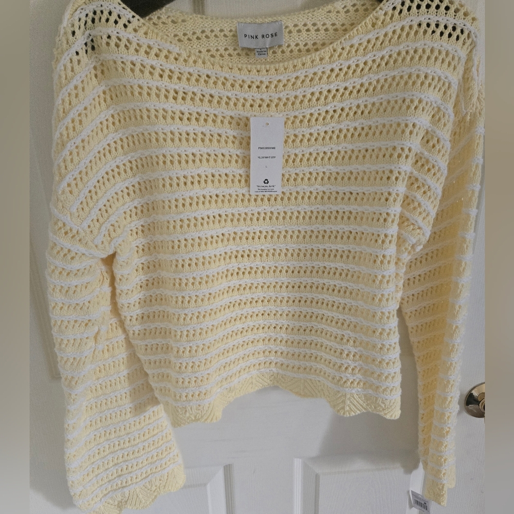 SOLD  Pink Rose Cream Open-Knit Stripe Sweater